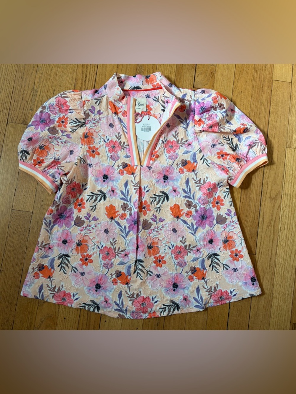 Umgee Pink Peach Floral Short Sleeve Blouse